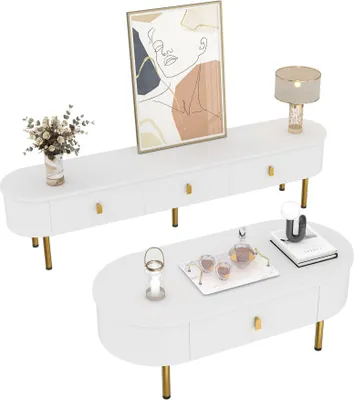 Produktbild von AIORBER Leichte Luxus-TV-Schrank-Couchtisch-Kombination, Wohnzimmer-Kombination, mit Schubladen, abgerundete Ecken