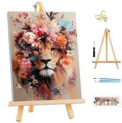 Image de Kit de peinture par numéros pour adultes, avec cadre, motif lion et fleurs, 3 pinceaux, peintures acryliques, format 25x35 cm