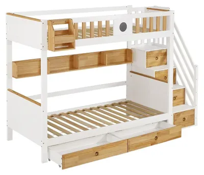 Productafbeelding van Kinderbed - Stapelbed - 90 x 200 cm - 2 lades - Open kastje - Veiligheidshek - Massief hout + MDF - Wit/Natuurlijk