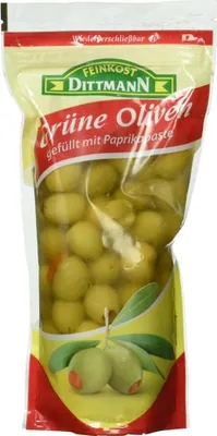 Produktbild von Dittmann Oliven gefüllt mit Paprikapaste ATG 250g Packung 485g