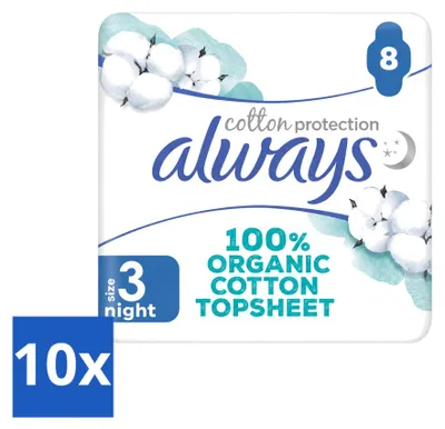 Imagen del producto de 10 toallas sanitarias nocturnas Always Baumwolle Protection con alas, 100% algodón orgánico, paquete económico, 10 unidades