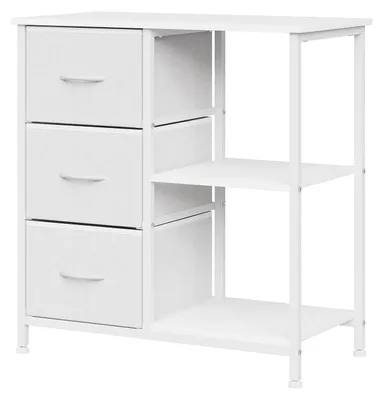 Produktbild von Aufbewahrungsmöbel - Aktenschrank mit 3 Stoffschubladen - Druckerständer mit offenem Regal - Seitlicher Hängeregisterschrank - Metallgestell - Weiß