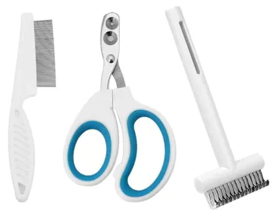 Produktbild von Katzennägelschneider-Set, 3-teiliges Schönheitsreinigungswerkzeug, enthält Katzennägelschneider, offenen Kamm und Flohkamm, bequem zu halten, sicher und einfach zu bedienen (Blau)