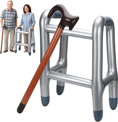 Produktbild von Senioren Kostüm Zubehör Set, aufblasbarer Rollator & Gehstock für Opa Oma Verkleidung, lustiges Party Accessoire für Karneval und Geburtstag