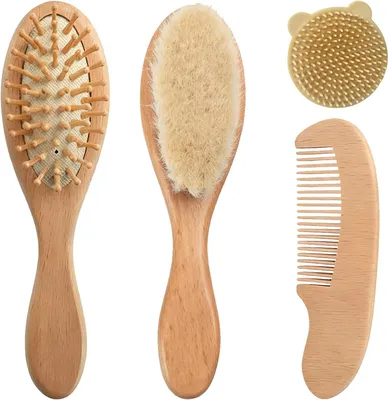 Image de Brosse à cheveux pour bébé, lot de 4, en bois, avec des poils de chèvre, pour nouveau-nés