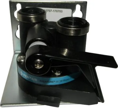 A close-up studio shot of a water filter head with a mounting bracket.