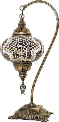 Zdjęcie produktu dla Ręcznie wykonana turecka lampa stołowa z mozaiką w kolorze żółtym i brązowym, wysokość 43 cm, oprawka E-14, styl orientalny