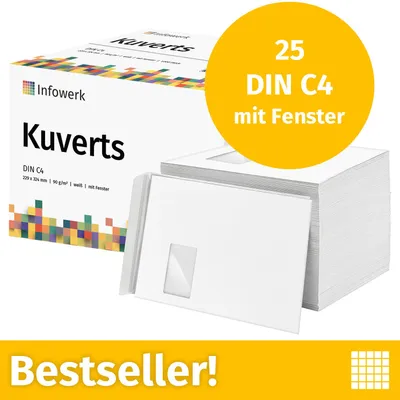 Produktbild von : Infowerk Briefumschläge mit Fenster, DIN C4, unbedruckt, 25 Stück