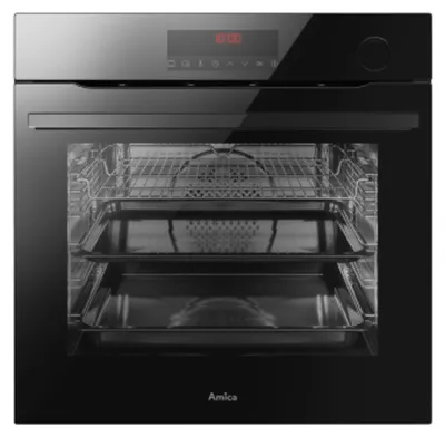 A front view of a black built-in oven.