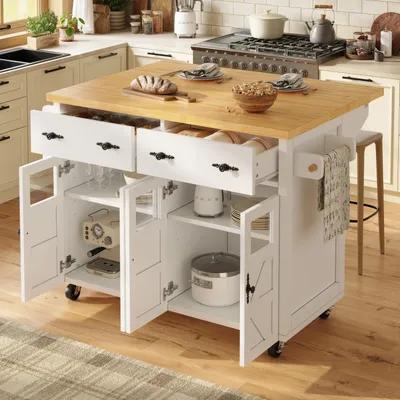 Immagine prodotto di Carrello da cucina bianco, isola da cucina con spazio contenitivo, piano di lavoro estraibile, cinque ruote con freno, ripiani regolabili e un grande cassetto