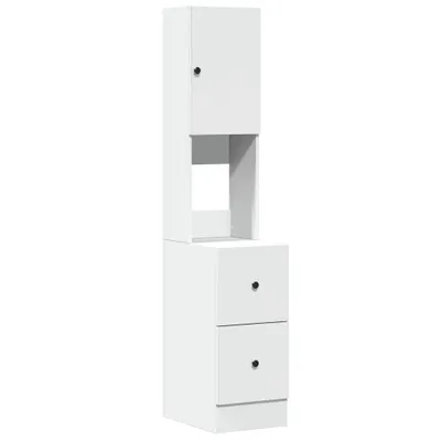 A white cabinet with a door and two drawers, shown against a white background.