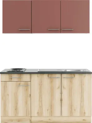 Produktbild von Optifit Singleküche mit Geräten Bari407/Livorno290 150 cm rostrot wildeiche matt strukturiert zerlegt Variante reversibel KPBL 1532-9+