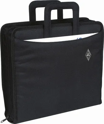 A black portfolio bag with two handles and a front pocket. A white document is peeking out of the pocket. A small diamond-shaped logo is on the front pocket.
