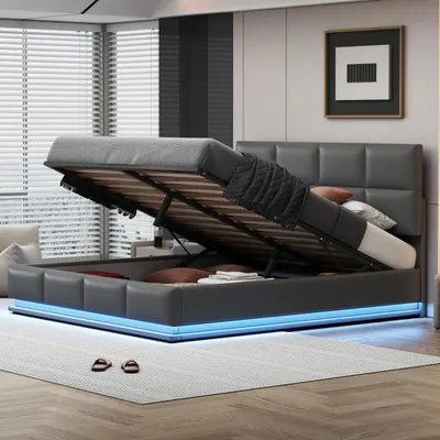 Produktbild von 180 x 200 cm Stauraumbett – Doppelbett mit LED-Beleuchtung, gepolstert, hydraulischer Hubfunktion, Lattenrost, Kopfteil, Kunstlederbezug – Grau