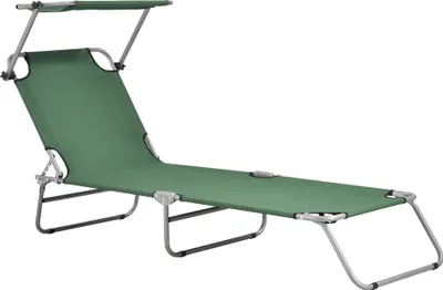 A green sun lounger with a canopy, shown against a white background.
