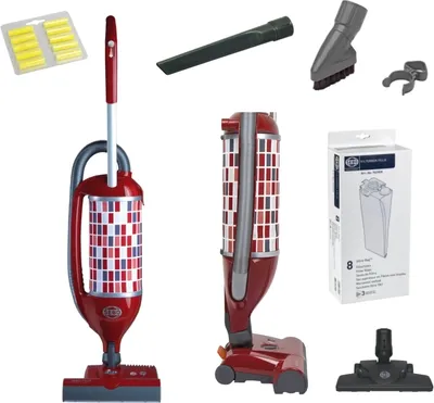 A collage of a red Sebo vacuum cleaner and its accessories, including attachments, dust bags, and a crevice tool.
