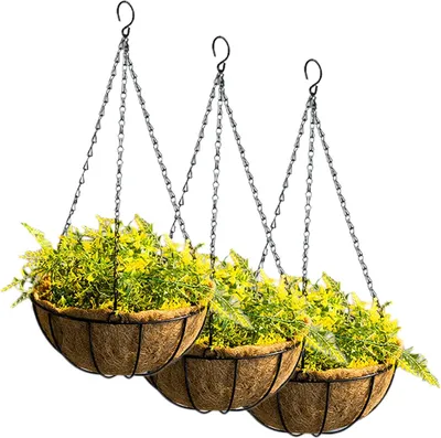 Immagine prodotto di Confezione da 3 vasi sospesi Tosnail con rivestimento in fibra di cocco, vasi sospesi rotondi, filo metallico, cesti per piante, vasi sospesi per giardini interni ed esterni, 25 cm