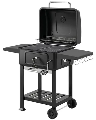 Obrázek produktu pro Gril na dřevěné uhlí BBQ s poklopem a teploměrem | Barva: černá | Rozměry: 112 x 65 x 115 cm