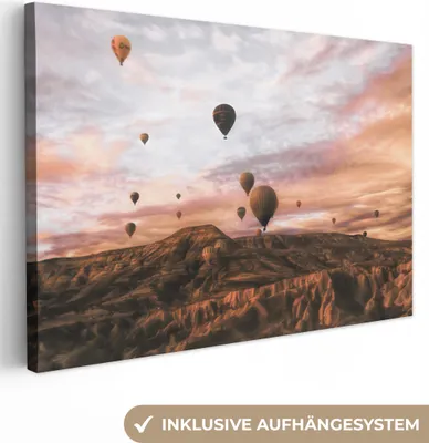 Produktbild von OneMillionCanvasses® - Leinwandbilder - 140x90 cm, Landschaft - Heißluftballon - Berge - Braun, Wandbilder Kunstdruck Wanddekoration - Foto auf Leinwand - Gemälde auf Holzrahmen