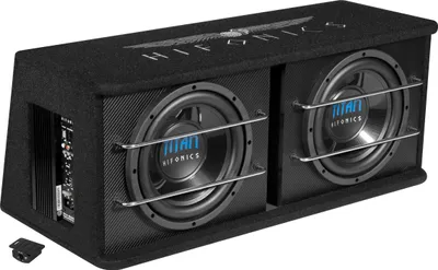 A dual subwoofer car audio system is shown against a white background.