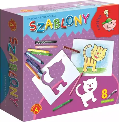 The image shows the packaging of a children's art set, featuring crayons, stencils, and examples of drawings.