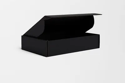 A black cardboard box with its lid open, shown on a white background.