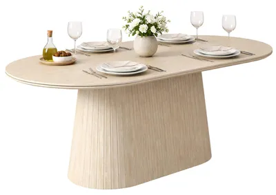 Produktbild von HOOZ® Esstisch oval modern – Keramikplatte Travertin-Optik – Esszimmertisch 130x70cm  – Säulenfuß massive Mittelfuß Design – pflegeleicht & stabil