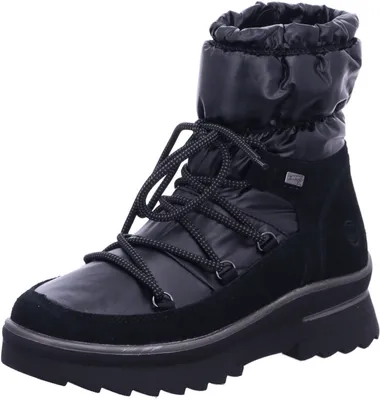 A single black winter boot shown from a 3/4 front angle against a white background.