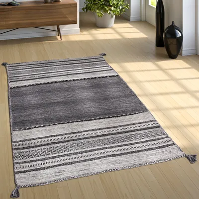 Produktbild von Designer Teppich Webteppich Kelim Handgewebt 100% Baumwolle Modern Gemustert Grau Grösse 120x170 cm