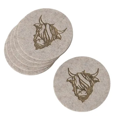 Produktbild von 6er-Set Filz-Untersetzer „Hochlandrind“ – Runde Glasuntersetzer in Beige, Ø 10cm