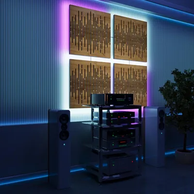 Obrázek produktu pro Sada 4 ks akustických nástěnných panelů s LED a RGB podsvícením pro Echo Control | Zvukově izolační panely s podsvícením | 4x WAVE – samostatné – SQUARE | Dub