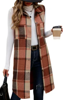 Image de ASKSA Femme Long gilet à carreaux Revers Femme Veste d'hiver Chaud coton sans manches Tartan Veste d'hiver décontractée (Orange,M)