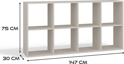 A white, multi-compartment shelving unit is shown against a white background with dimensions indicated by arrows and text.