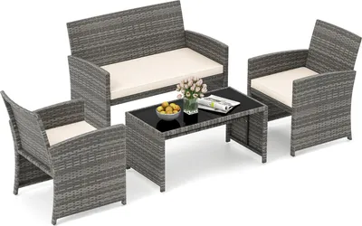 Image de Ensemble de meubles de jardin en polyrotin COSTWAY, mobilier de salon d'extérieur, ensemble comprenant 2 chaises, un banc, une table et des coussins, mobilier de terrasse, ensemble de jardin beige