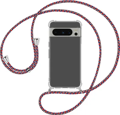 Produktbild von Handykette Backcover-Schutzhülle mit Band (Metall silberfarben) für Google Pixel 8 Pro (6.7'') - silber/blau/rot