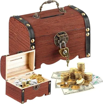 Zdjęcie produktu dla Skarbonka w stylu vintage z zamkiem – mała skrzynia skarbów piratów na urodziny dla dzieci – drewniana skrzynia skarbów z pokrywą do przechowywania i dekoracji (14,5 x 10,5 x 10,5 cm, brązowa)
