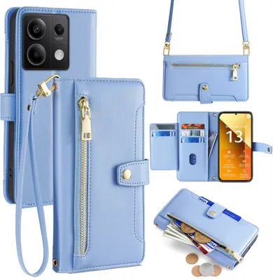 Produktbild von Handykette Xiaomi Hülle mit Band Handyhülle Kartenfächer Kunstleder Umhängetasche Redmi Note 13 5G Hellblau
