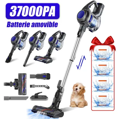 Collage featuring a cordless vacuum cleaner and its accessories, along with promotional text and graphics.