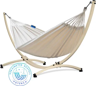 Produktbild von Potenza Outdoor Hängematte mit Verzinkter Gestell für 2 Personen I Baumwolle Doppelhängematte XXL 220x160, 200kg I Ecru Hängemattengestell 220kg, wetterfest