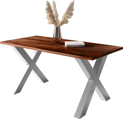 Produktbild von Baumkantentisch Akazie mit schwarzen Resin-Adern nussbaumfarben 140 x 80 cm X-Gestell silber POLLY