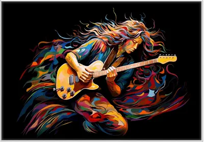 Produktbild von Wallario Wandbild Farbiges Gitarrenspiel, Größe: 70,30 x 100,30 cm, Poster mit weißem Kunststoffrahmen