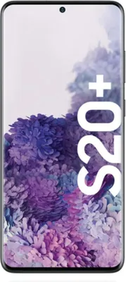 A Samsung Galaxy S20+ 5G smartphone is shown from the front.