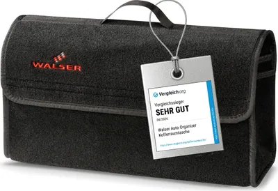 A black fabric car organizer bag with a tag attached.