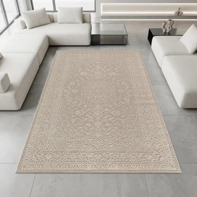 Productafbeelding van Tapijt in taupe kleur, met een decoratief patroon, gemakkelijk te onderhouden, gemaakt van gerecycled materiaal. Afmetingen: 120 x 170 cm