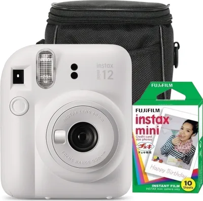 Obrázok produktu pre Sada instantných fotoaparátov Fujifilm Instax Mini 12, tónovaná biela, s 10 filmami a puzdrom, instantné fotoaparáty