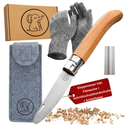 Produktbild von Eli® Schnitzmesser Kinder mit Filztasche ab 6 Jahre - Taschenmesser - Kindermesser Schnitzset inkl. schnittfeste Handschuhe - Kinderschnitzmesser grau, KI-generiertes Bild