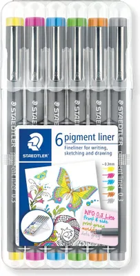 Zdjęcie produktu dla Staedtler Pigment Liner, Brązowy, Szary, Jasny Niebieski, Jasnozielony, Purpurowy, Żółty, Ekstra cienki, Czarny, Okrągły, Tusz na bazie pigmentu, 0,3 mm