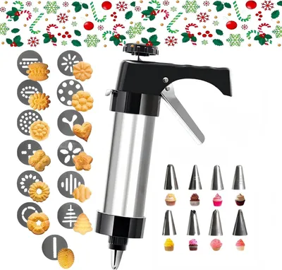 Produktbild von STILVORA Ausstecher, Kekspresse und Spritzbeutel Set, Edelstahl Plätzchenpresse mit 13 Aufsätzen, Schwarz, Zum Kekse Formen und Cremes Verzieren, Backzubehör für Kinder und Erwachsene