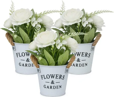 Image de Fleurs artificielles en pot Relaxdays, lot de 3 plantes artificielles, fleurs décoratives, fleurs en plastique ultra-réalistes, H x P : 21 x 18 cm, blanc