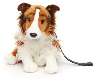 Productafbeelding van Uni-Toys - Langharige Collie met riem, zittend - gezicht wit-bruin - 27 cm (hoogte) - pluchen hond, Collie, huisdier - pluchen knuffel